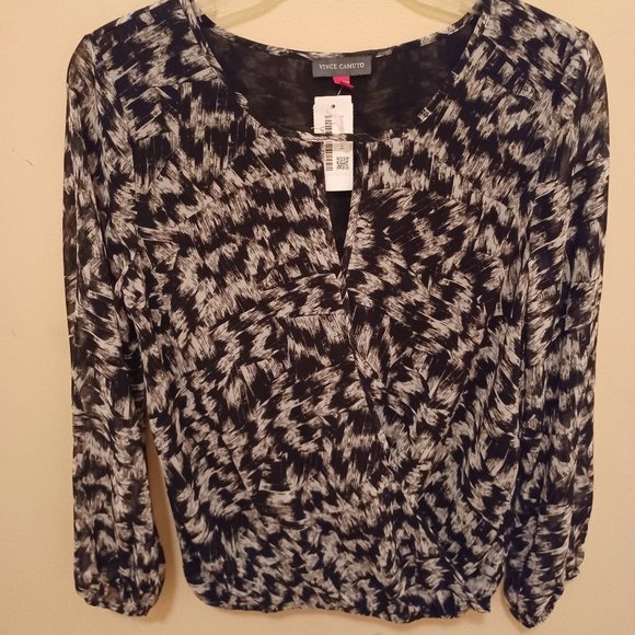 Vince Camuto black white print keyhole faux wrap blouse shirt top Women's XS - Picture 4 of 8